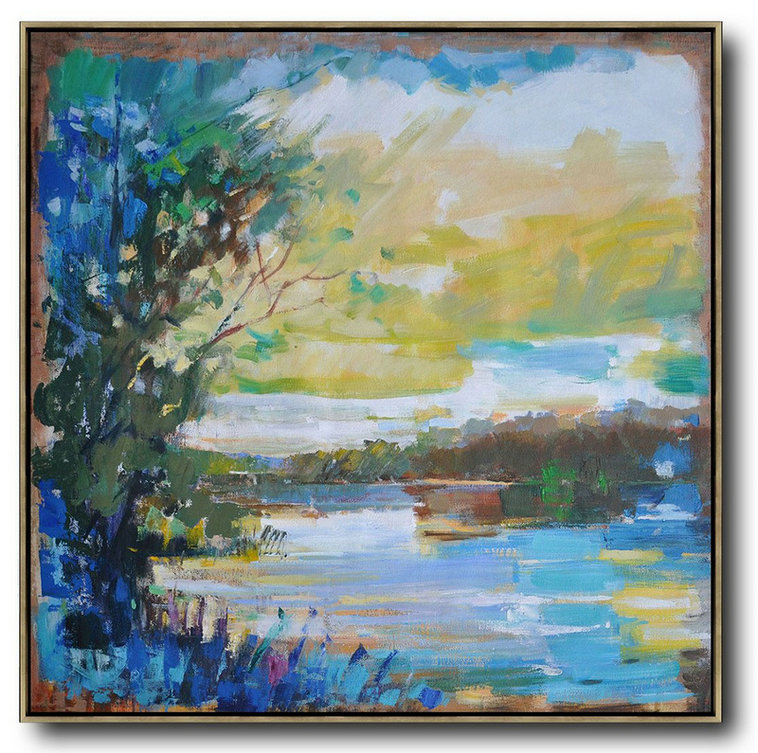 Extra Large Textured Painting On Canvas,Abstract Landscape Oil Painting,Extra Large Paintings,Yellow,White,Dark Green,Blue